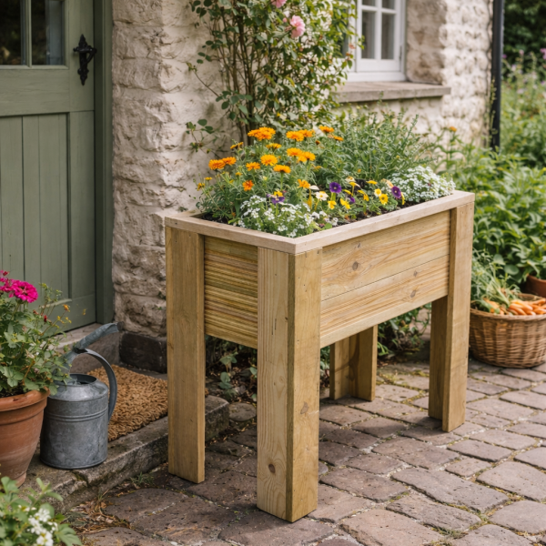 Handmade raised wooden planter on patio filled with flowers
