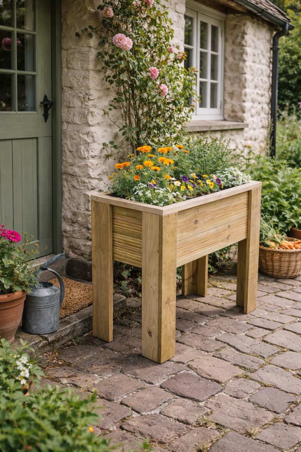 Handmade raised wooden planter on patio filled with flowers
