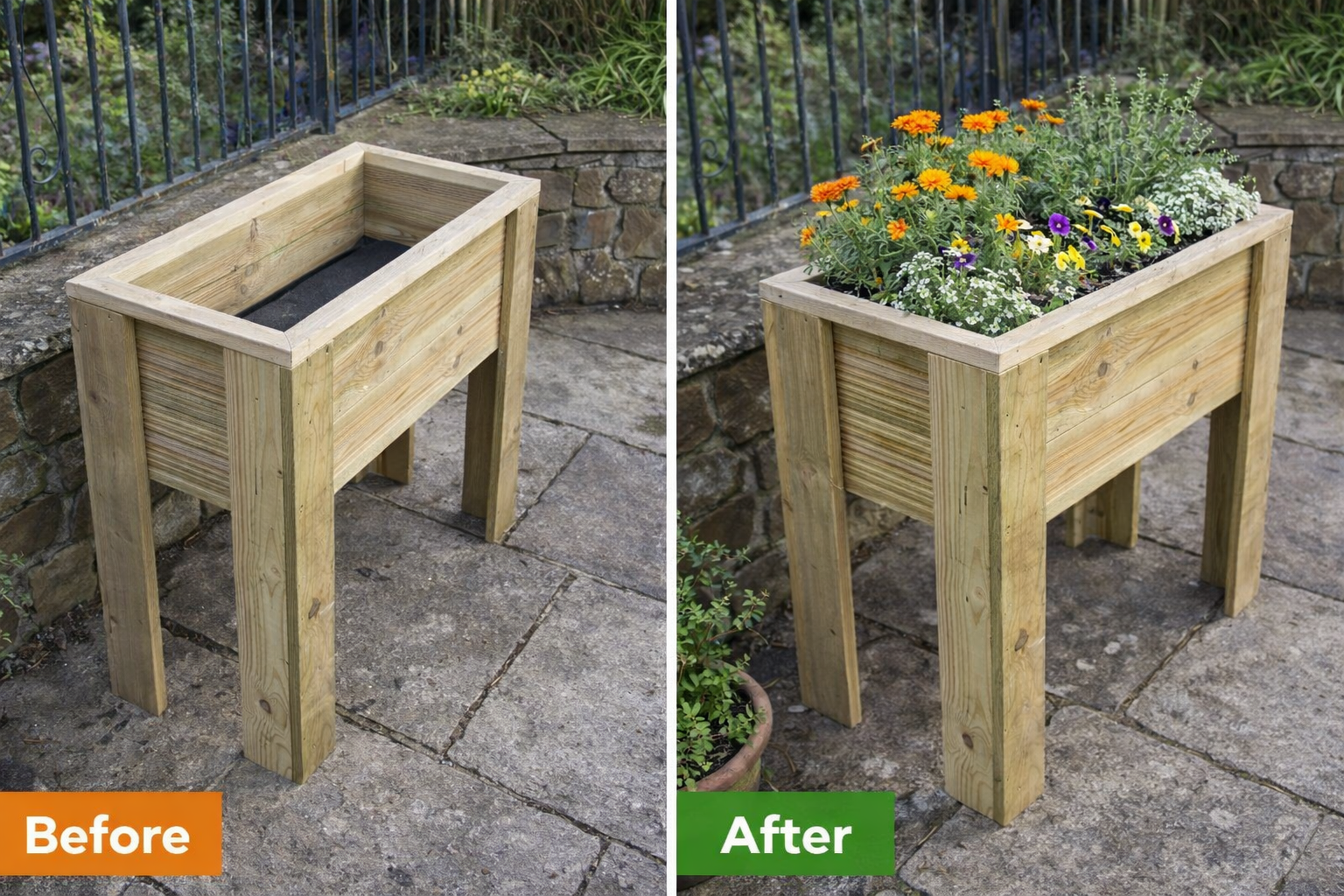 Raised wooden planter empty and fully planted comparison