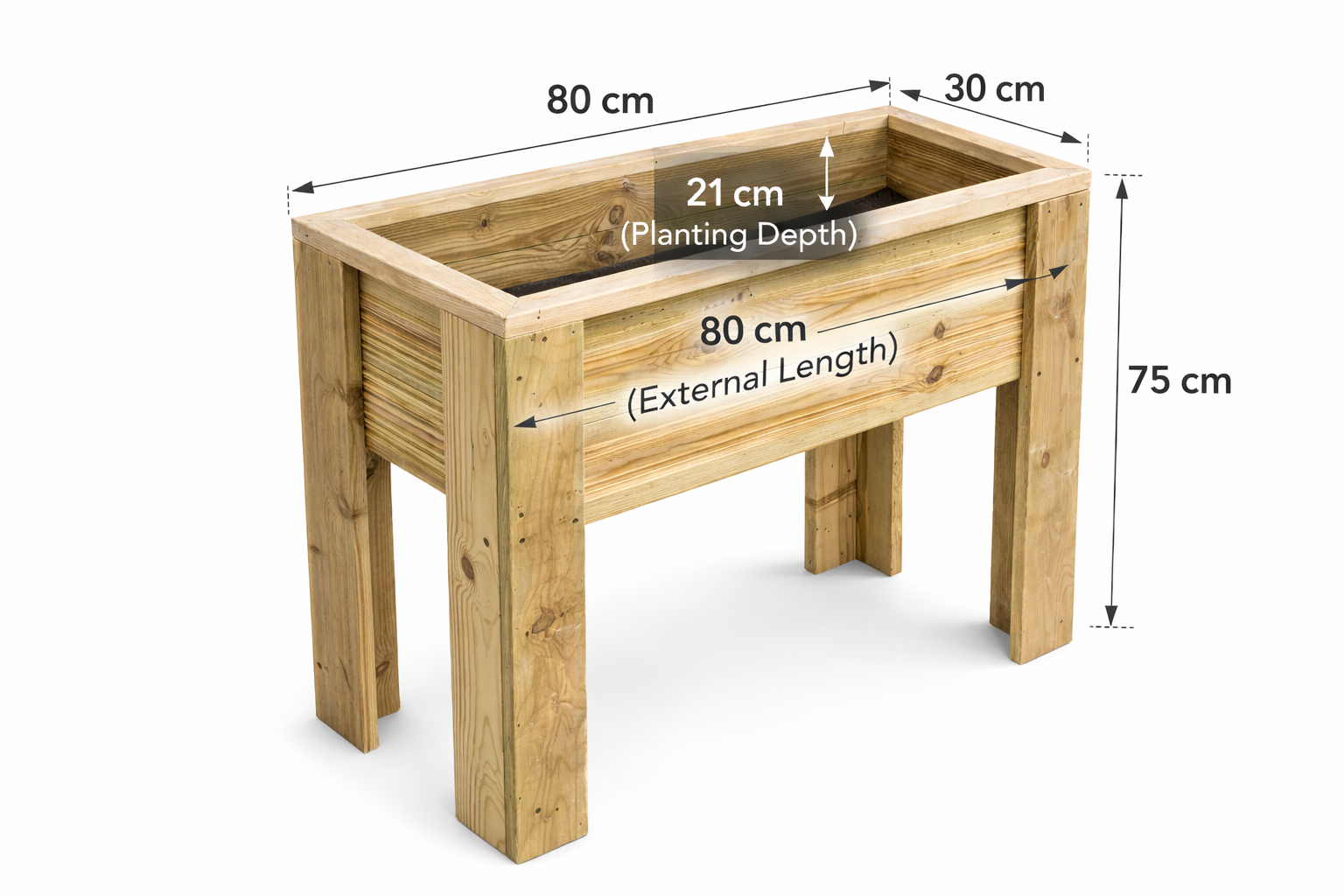Raised garden planter external dimensions labelled