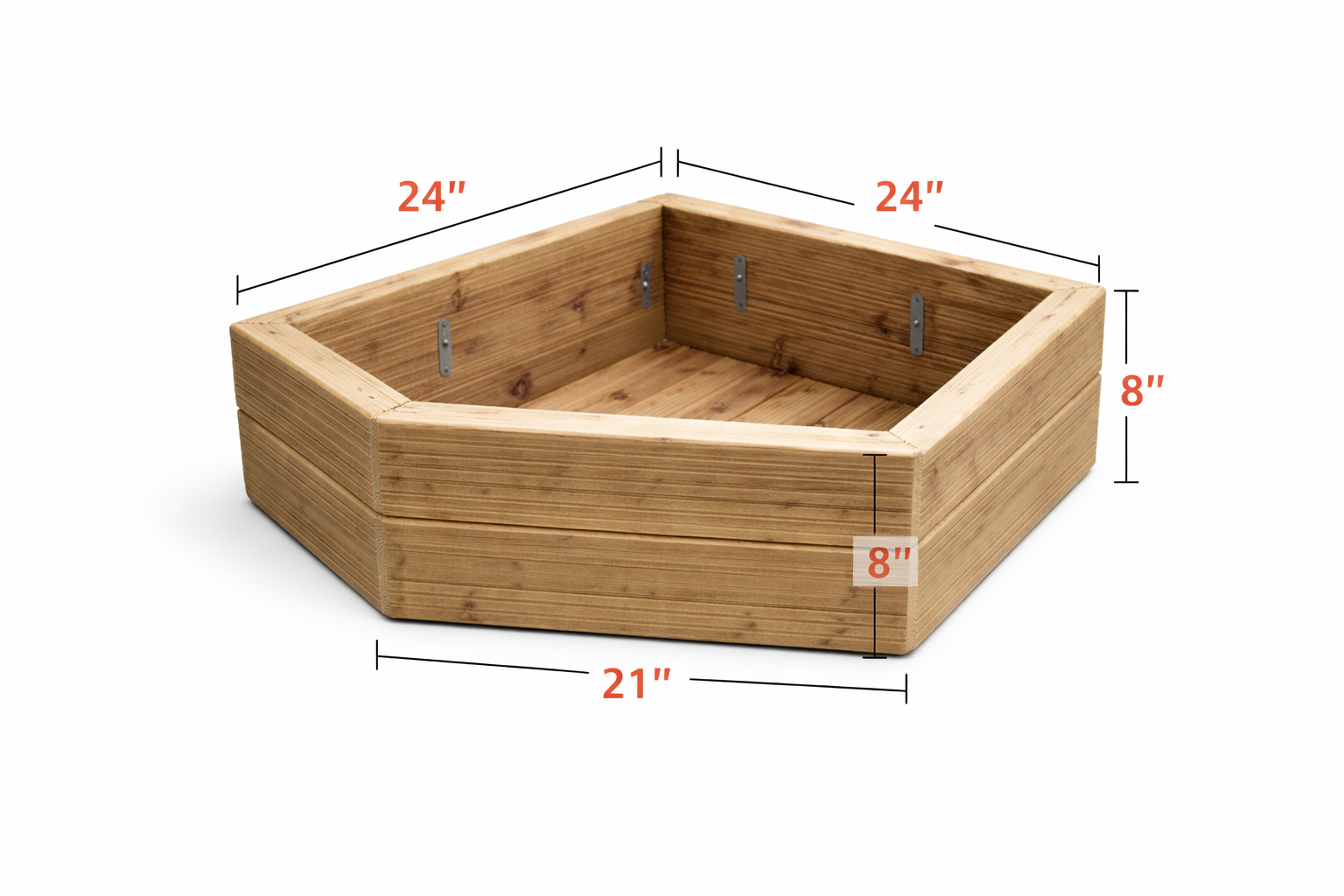 Pentagon corner planter with dimension overlay showing lengths and depth