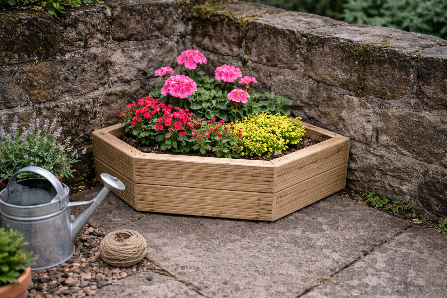 Pentagon wooden decking corner planter filled with colourful flowers in garden corner