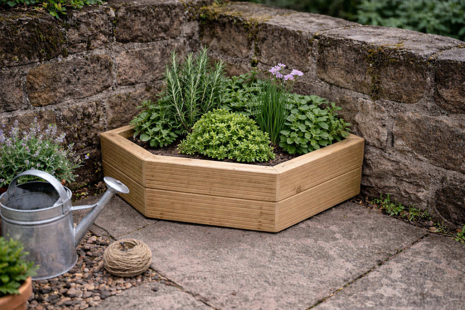 Pentagon decking corner herb planter fitted into stone garden wall corner