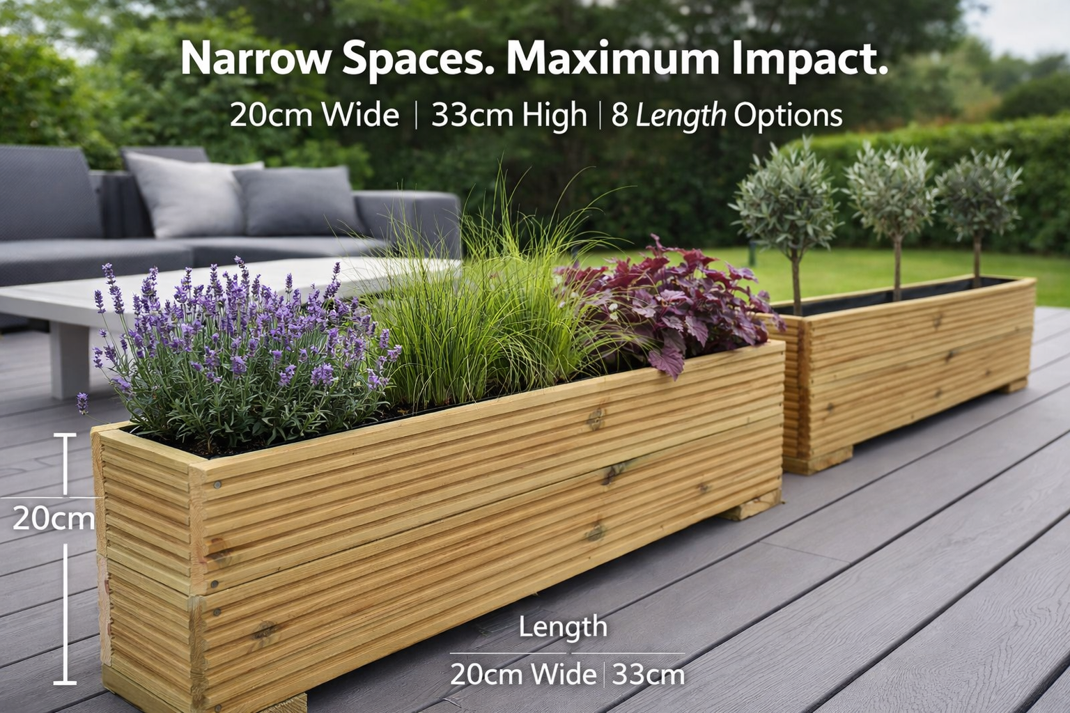 Narrow Decking Garden Trough Planter 20cm wide x 33cm high - Various Lengths - Image 2