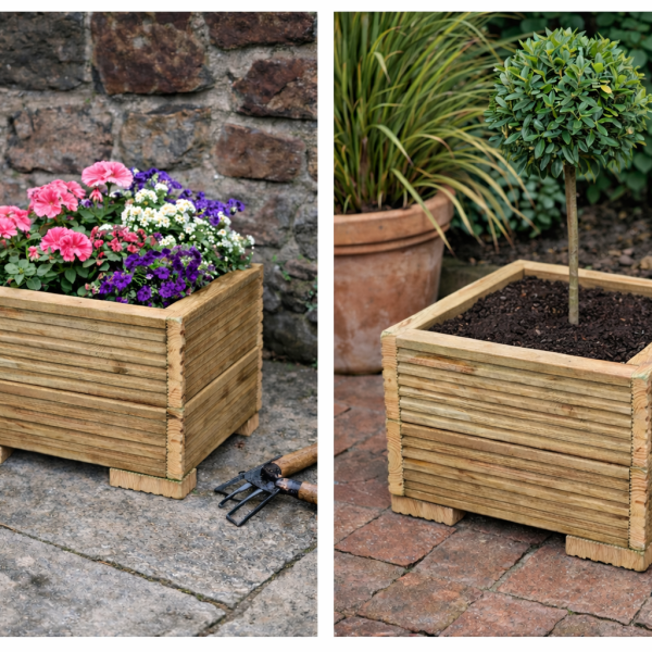 Square decking garden planter 45x45cm filled with seasonal flowers on patio