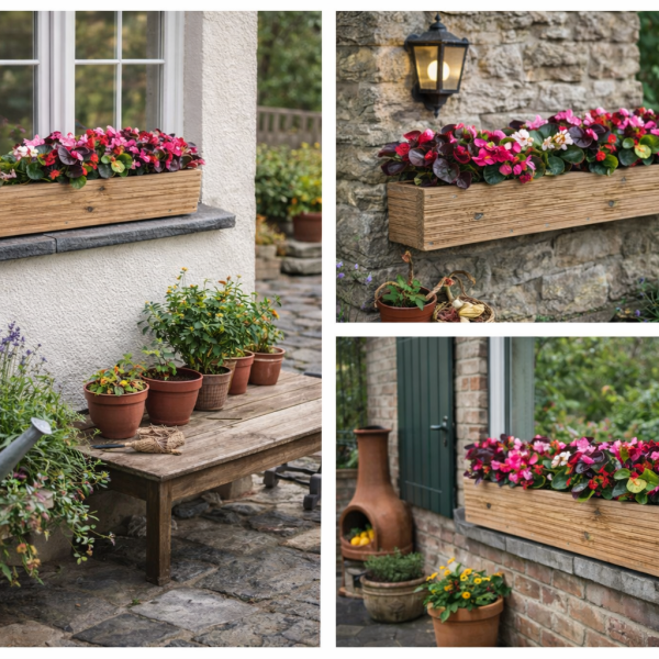 Wooden decking window box planter displayed on windows and garden walls