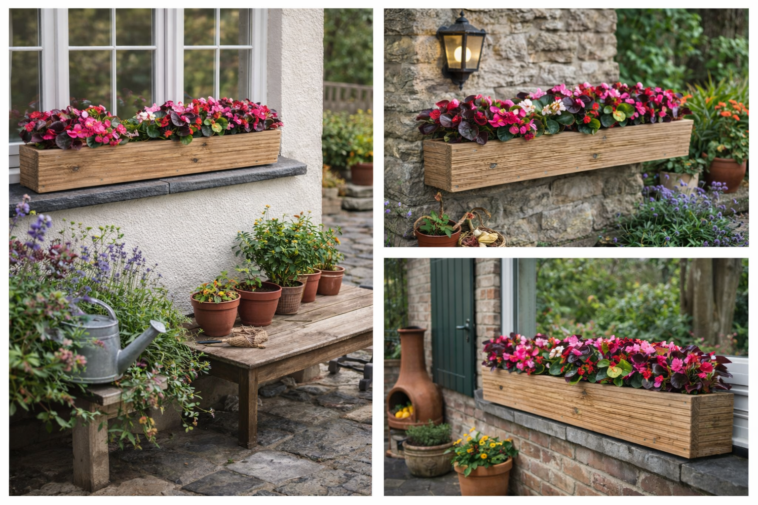 Wooden decking window box planter displayed on windows and garden walls