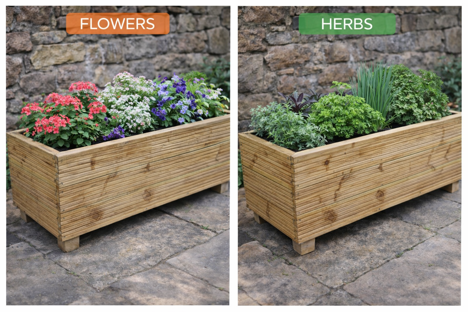 Wooden decking trough planter shown planted with flowers and herbs
