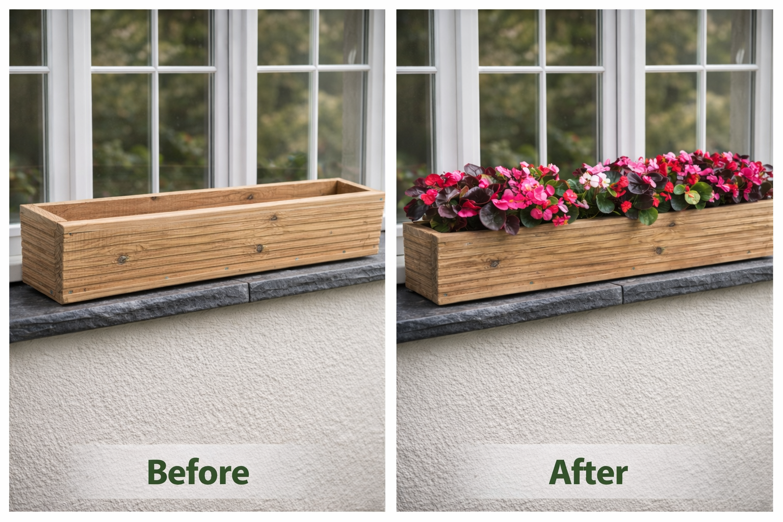 Before and after view of a wooden window box planter empty and planted