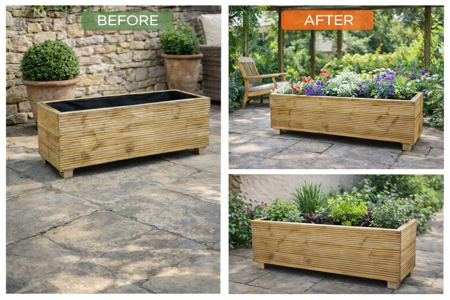 Wooden decking garden trough planter placed on stone patio in courtyard