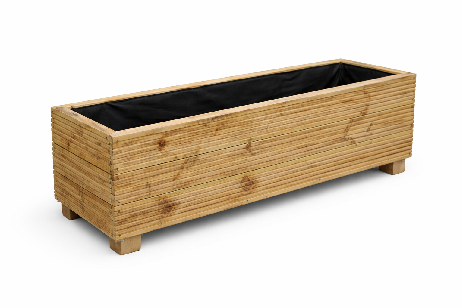 Lined wooden decking garden trough planter on white background