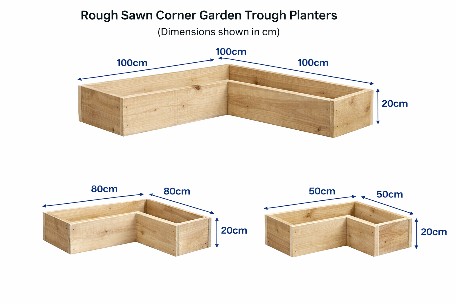Rough sawn corner garden trough planter dimensions showing 50cm, 80cm and 100cm size options