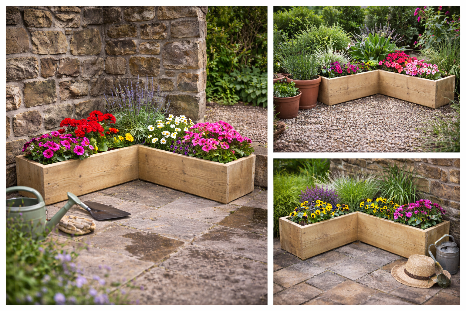 Rough sawn wooden corner garden trough planter filled with colourful flowers in a stone patio corner
