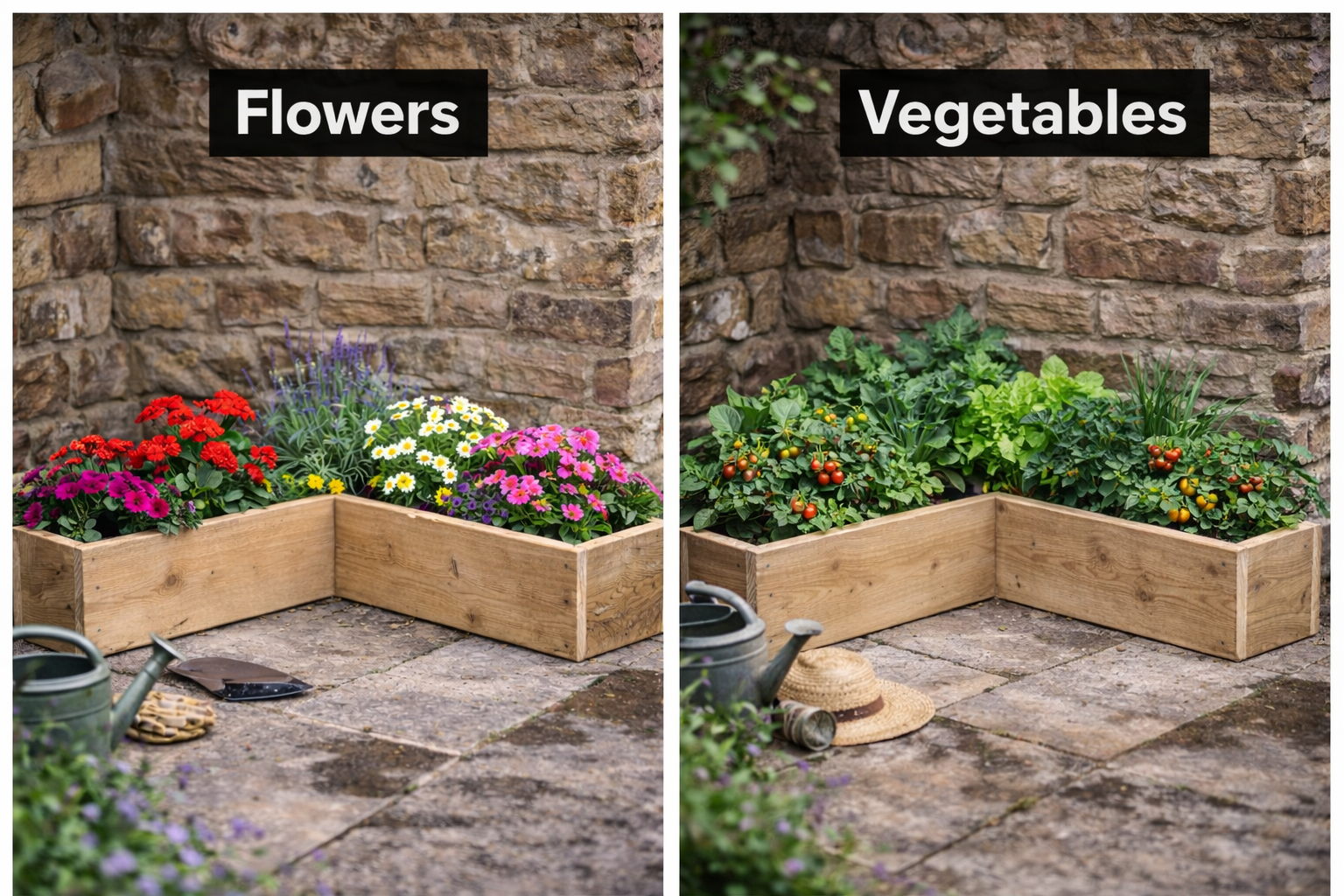 Corner garden trough planter comparison showing flower planting versus vegetable growing options