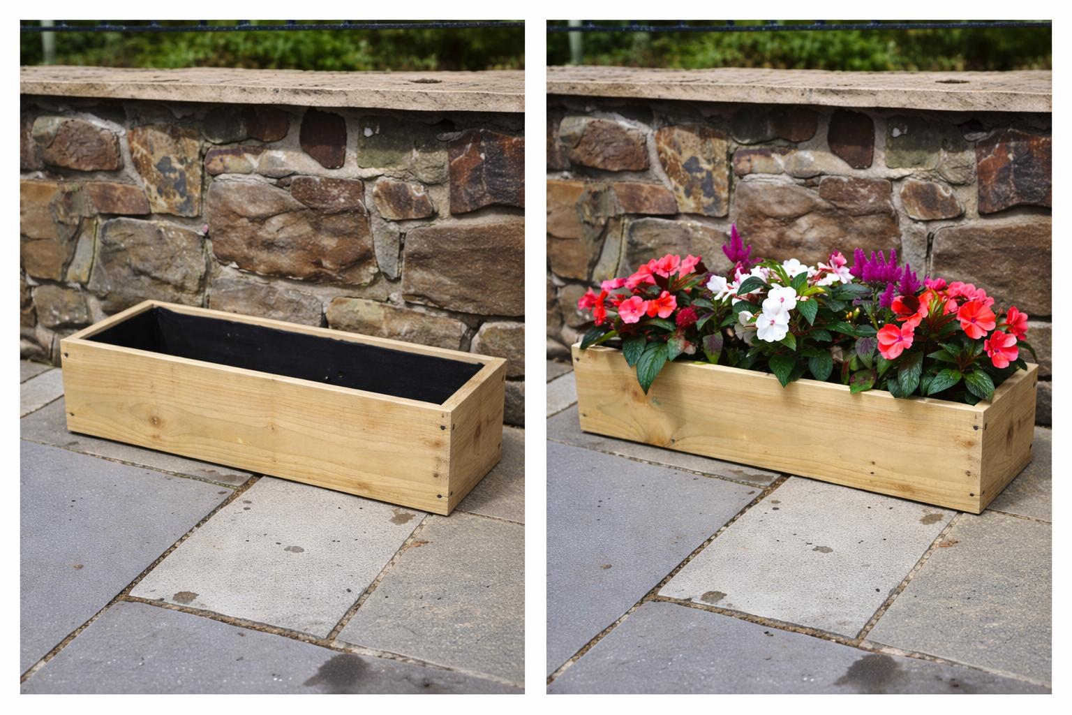 Empty and planted rough sawn wooden garden trough planter comparison