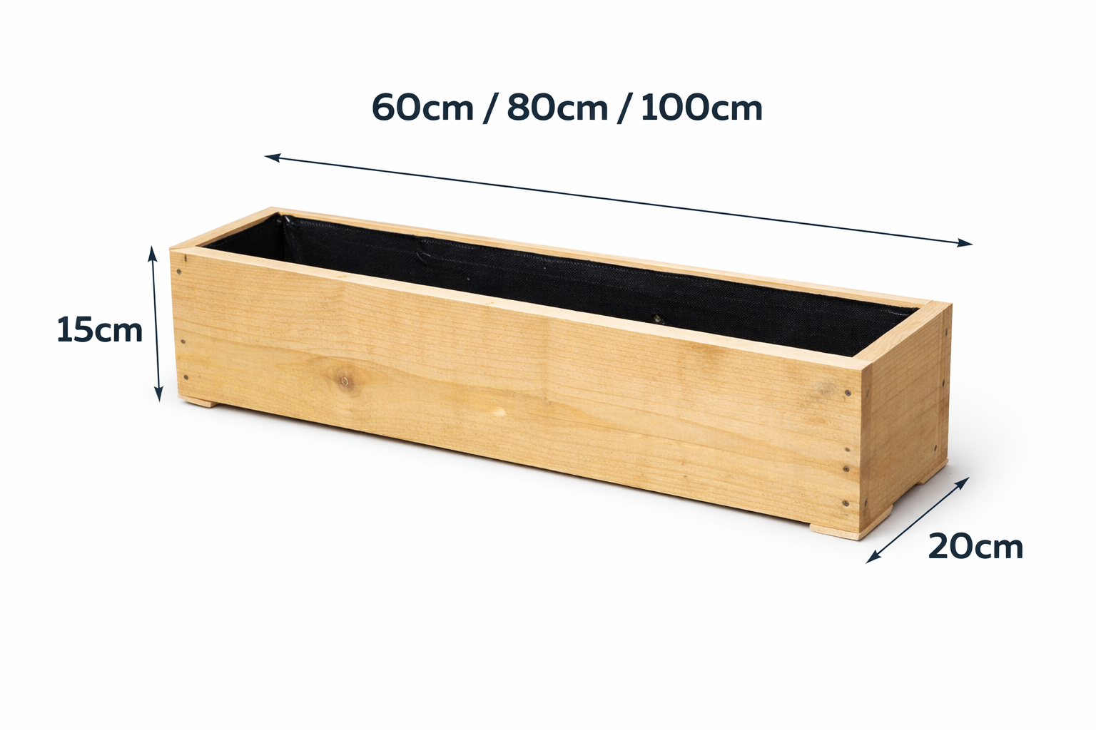 Rough sawn garden trough planter with external dimensions labelled