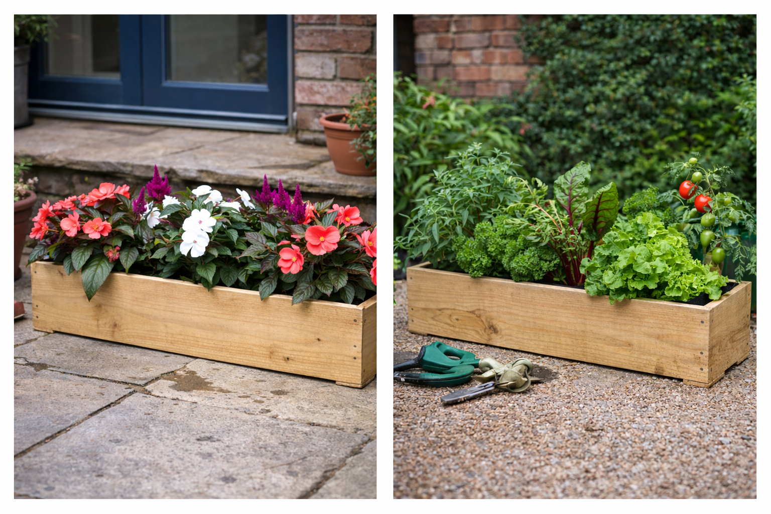 Rough sawn wooden garden trough used for flowers and vegetables