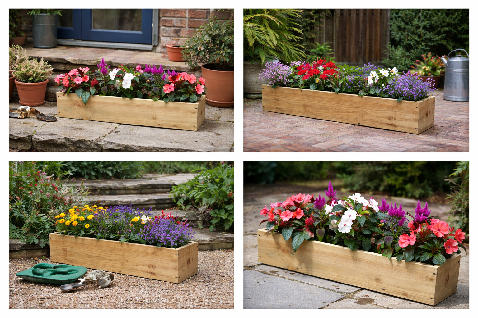 Rustic rough sawn wooden garden trough planter displayed in a patio garden setting