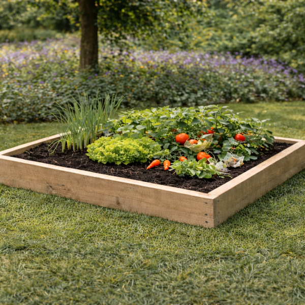 Single height rough sawn wooden raised bed planted with vegetables on lawn