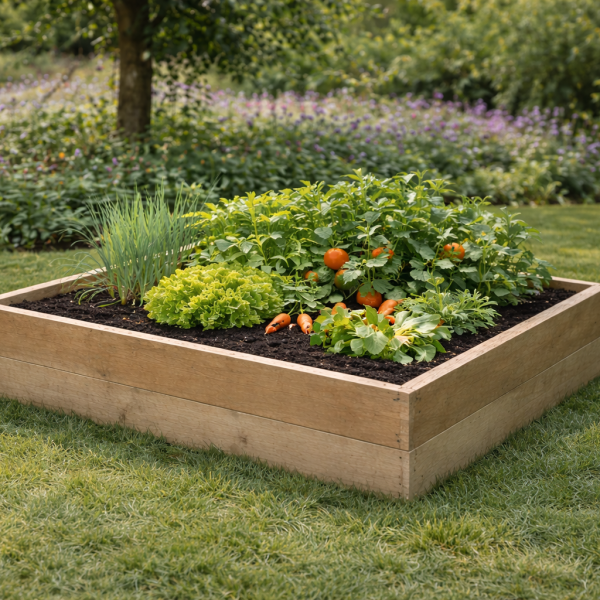 Rough sawn 30cm raised wooden garden bed filled with vegetables in lawn setting