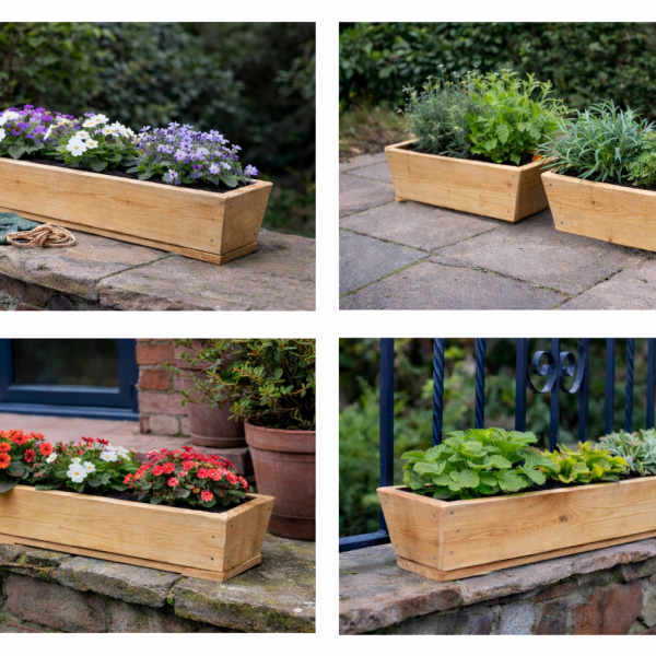 V shaped rough sawn wooden garden trough planter used in a patio garden setting