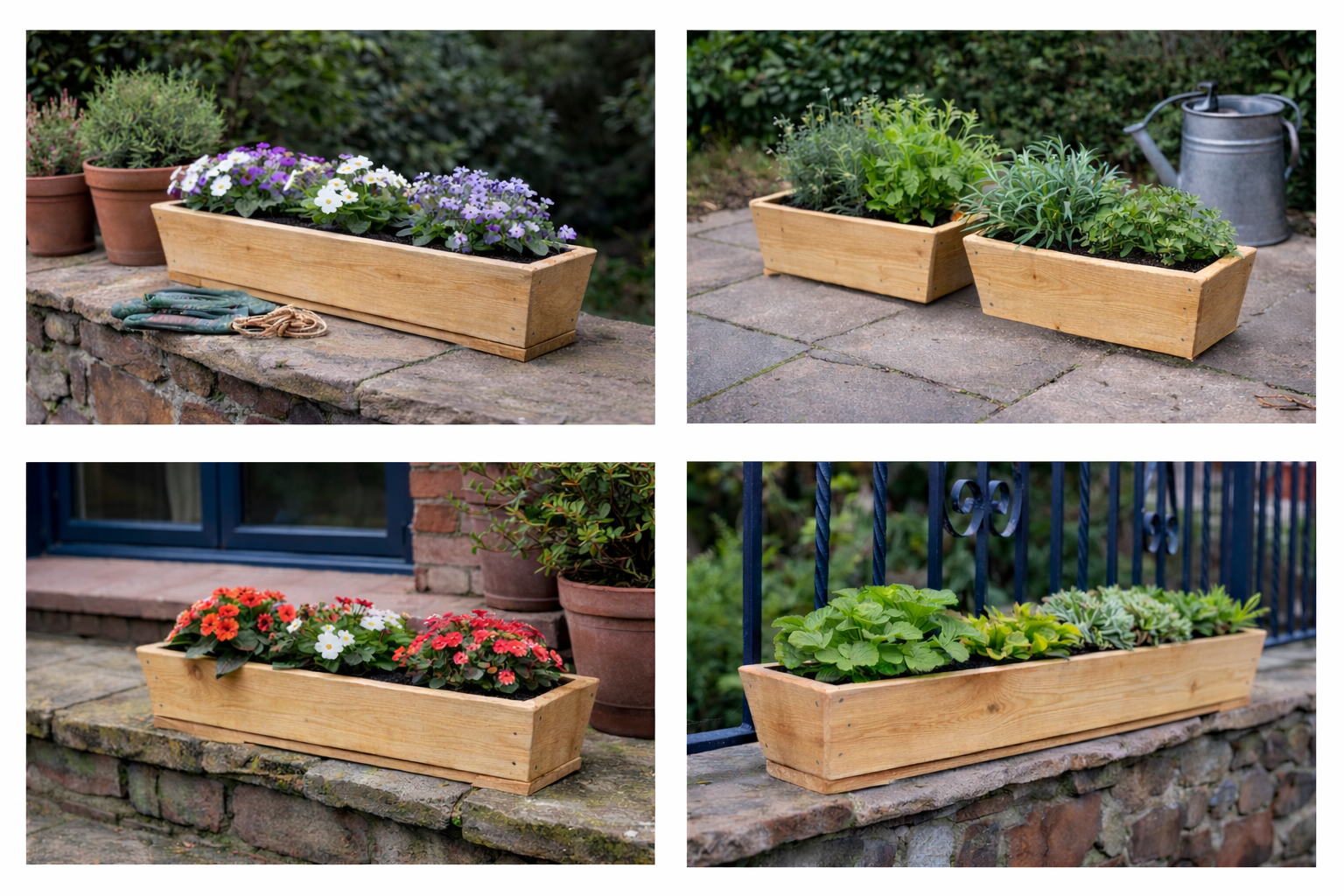 V shaped rough sawn wooden garden trough planter used in a patio garden setting