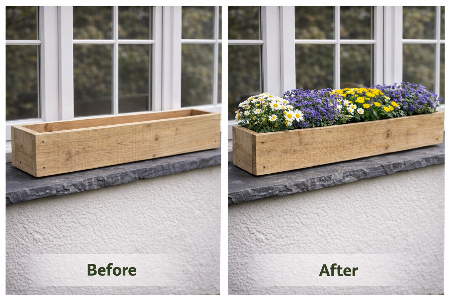 Empty and planted rough sawn wooden window box planter comparison