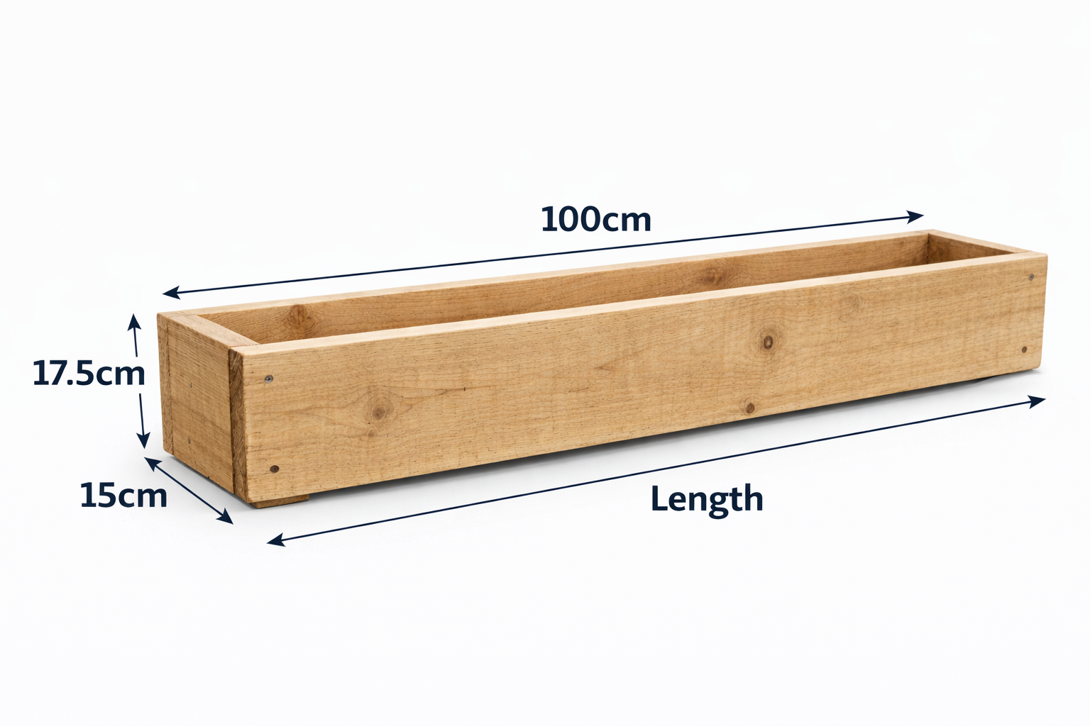 Rough sawn wooden window box planter with labelled dimensions
