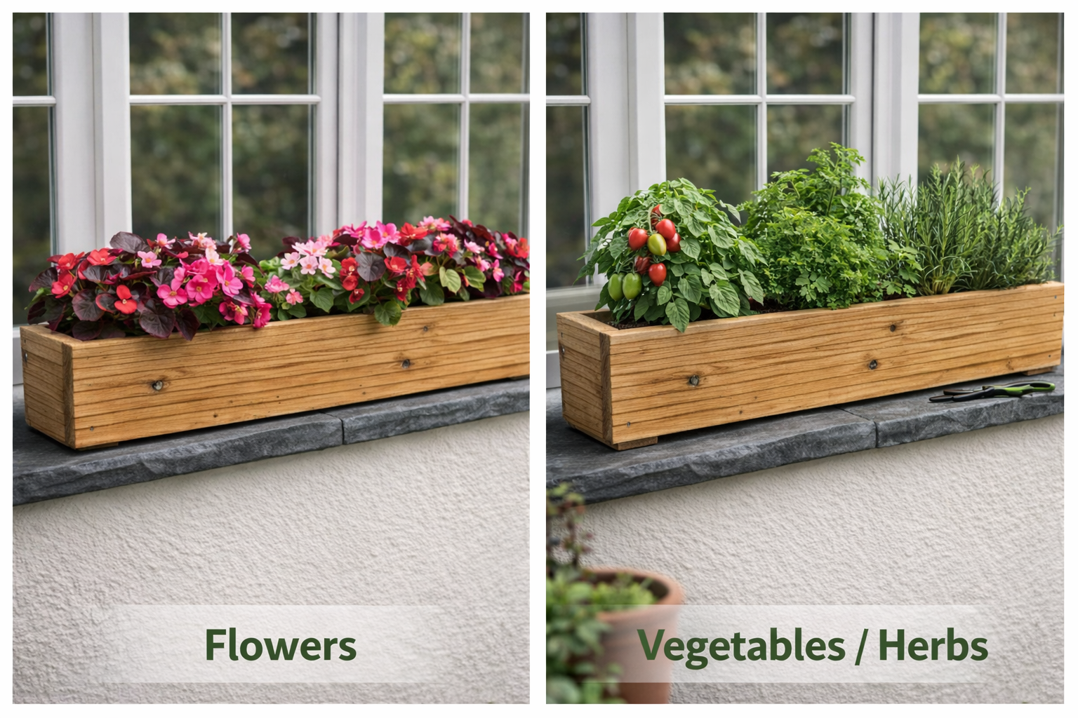 Rough sawn window box planter used for flowers and herbs comparison
