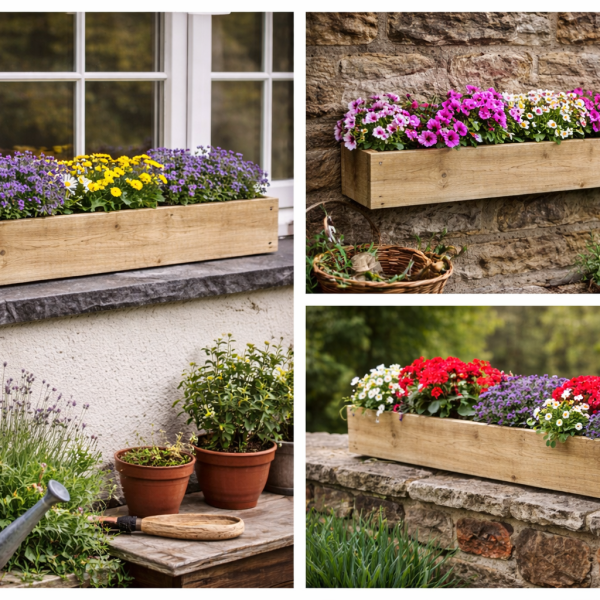 Rough sawn wooden window box planter filled with flowers on a garden windowsill