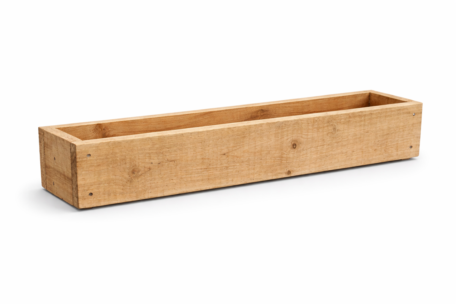 Rough sawn wooden window box planter empty on white background