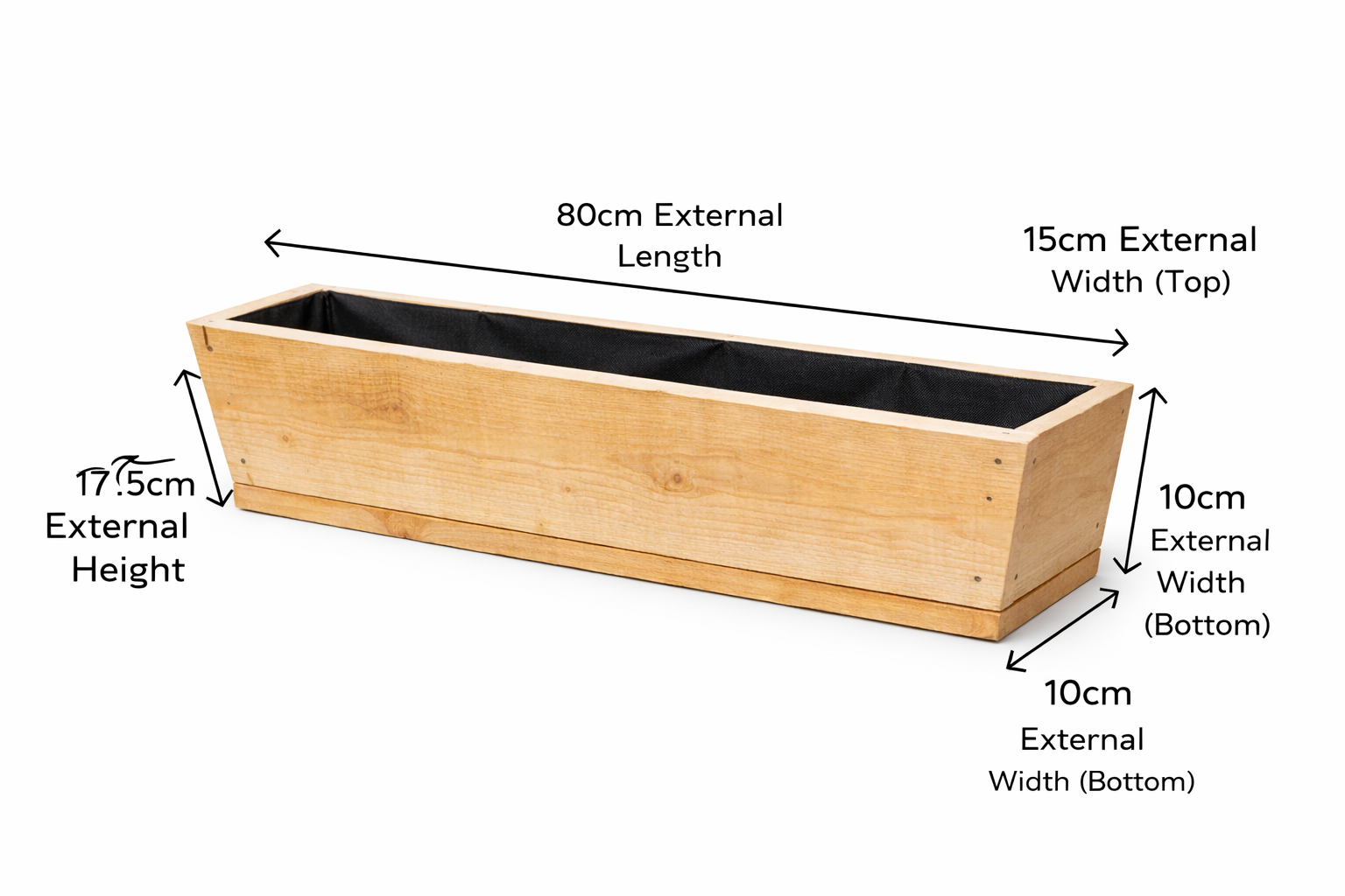 V shaped wooden garden trough planter with labelled dimensions