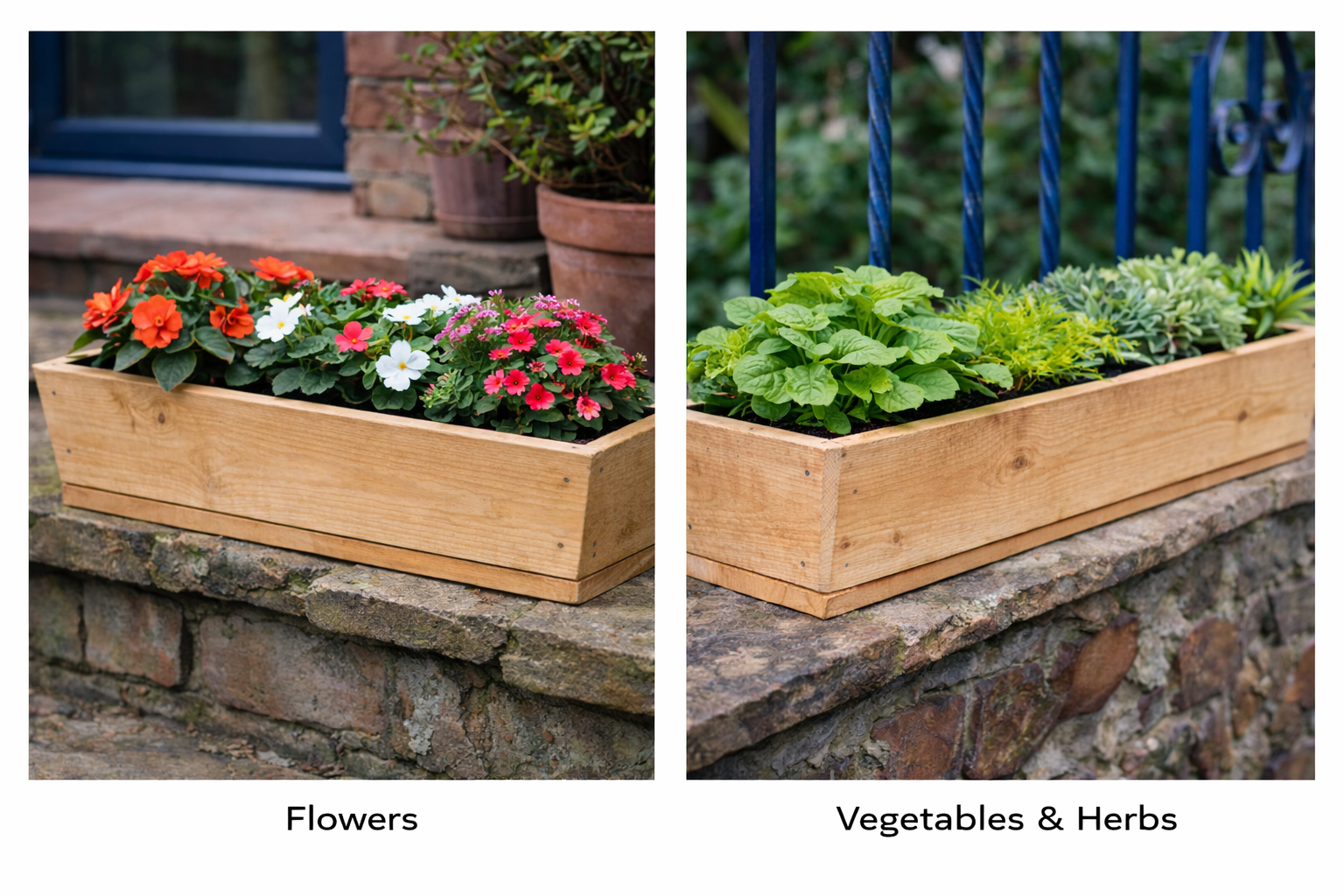 V shaped wooden garden trough planted with flowers and herbs