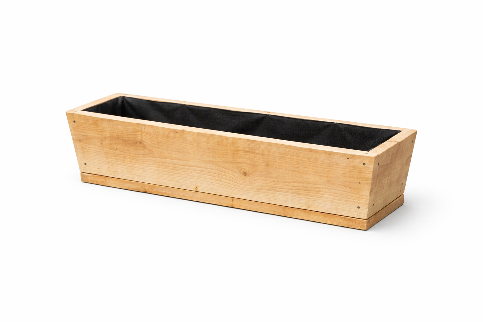 V shaped rough sawn wooden garden trough planter on a white background
