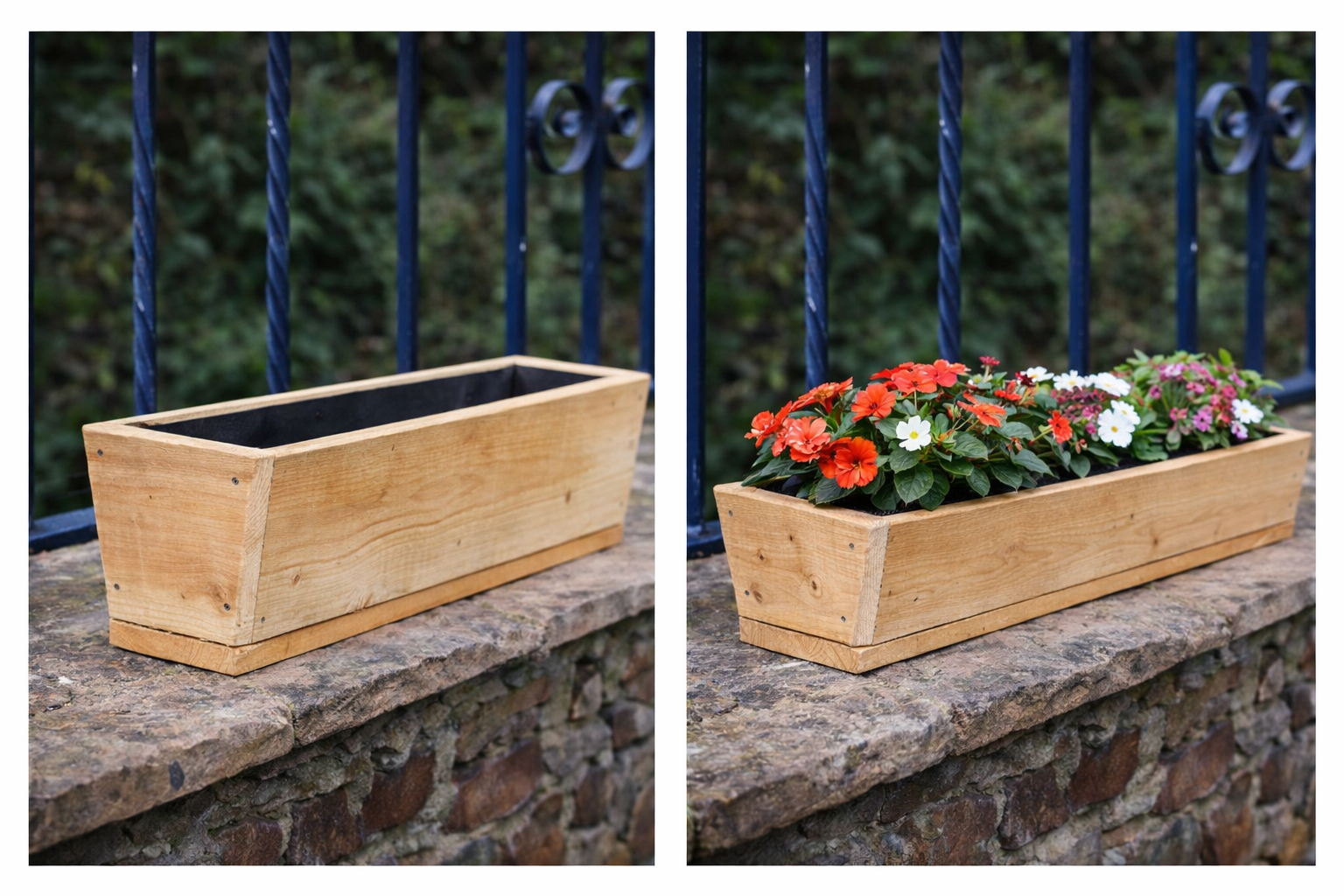 Before and after view of a V shaped wooden garden trough planter