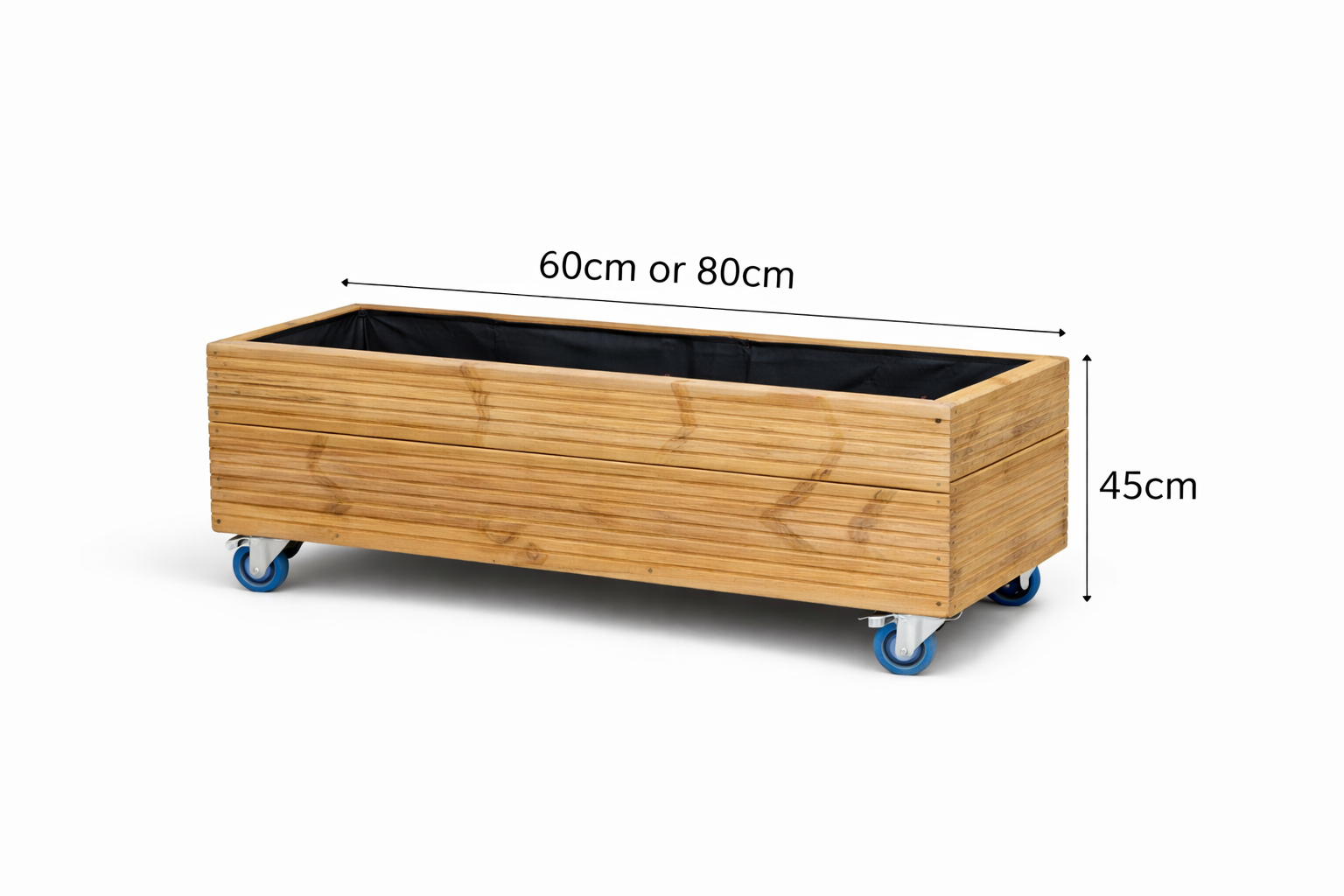 Dimensions of wheeled decking garden trough planter showing size options
