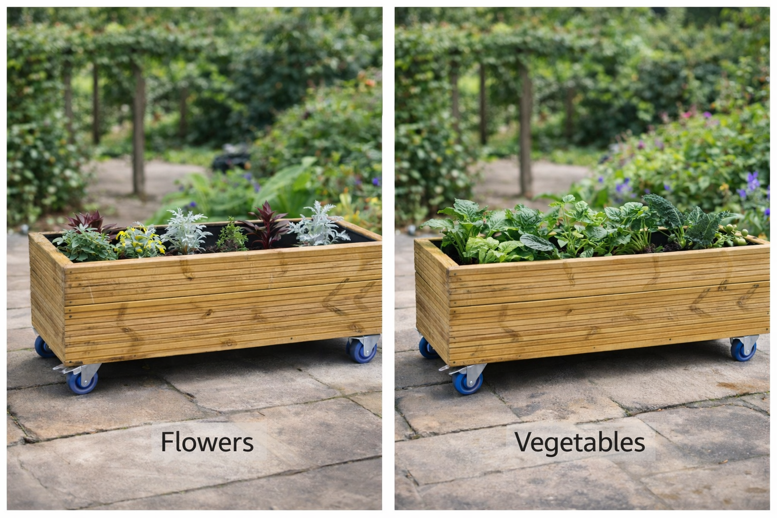 Comparison of a wheeled garden trough planter planted with flowers and vegetables