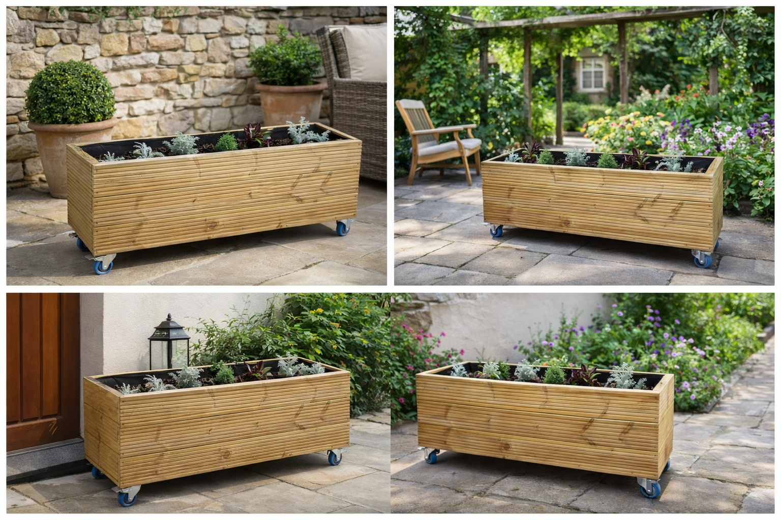 Wheeled decking garden trough planter filled with flowers on a patio