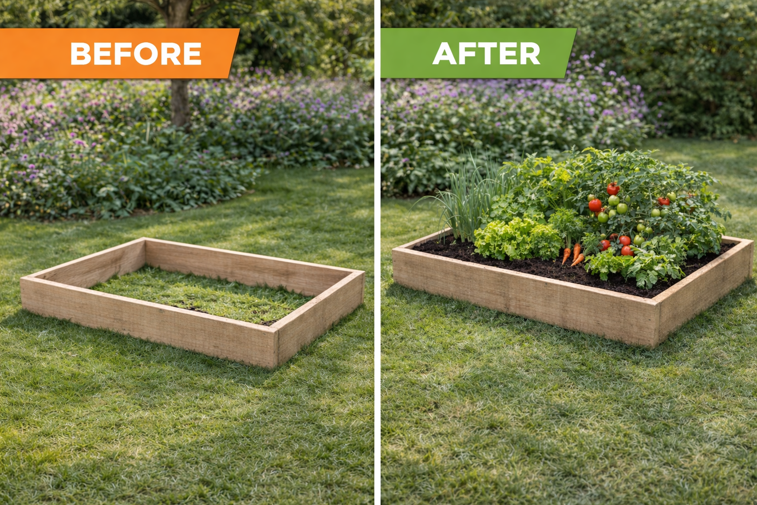 Empty wooden raised bed on grass next to planted version filled with vegetables