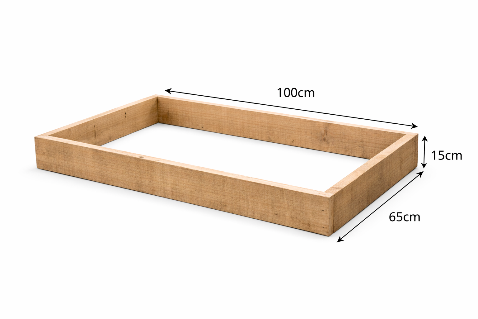 Wooden raised garden bed with dimensions 100cm length 65cm width 15cm height