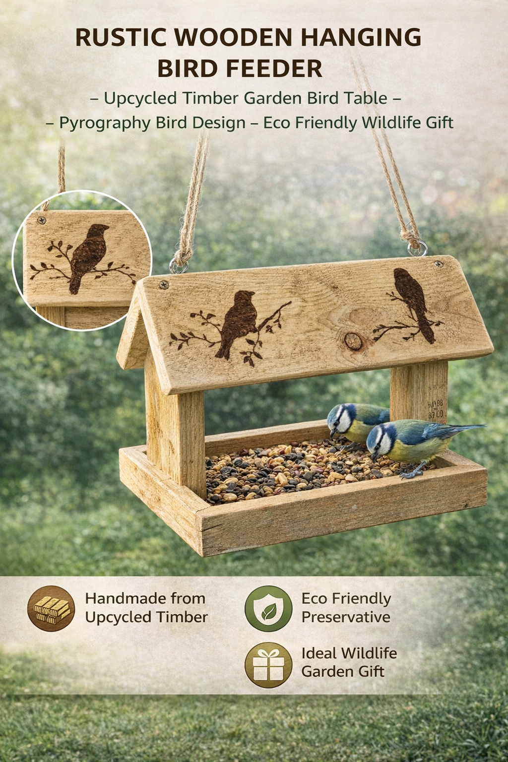 Wooden hanging bird feeder showing dimensions 30cm length 20cm width 25cm height