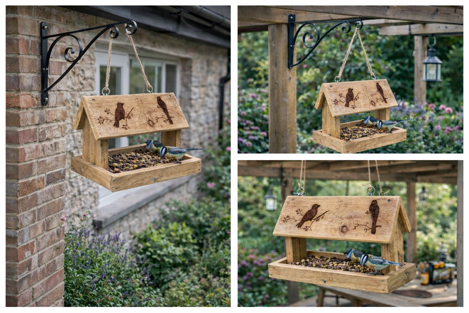 Handmade rustic wooden bird feeder hanging from wrought iron bracket in garden setting