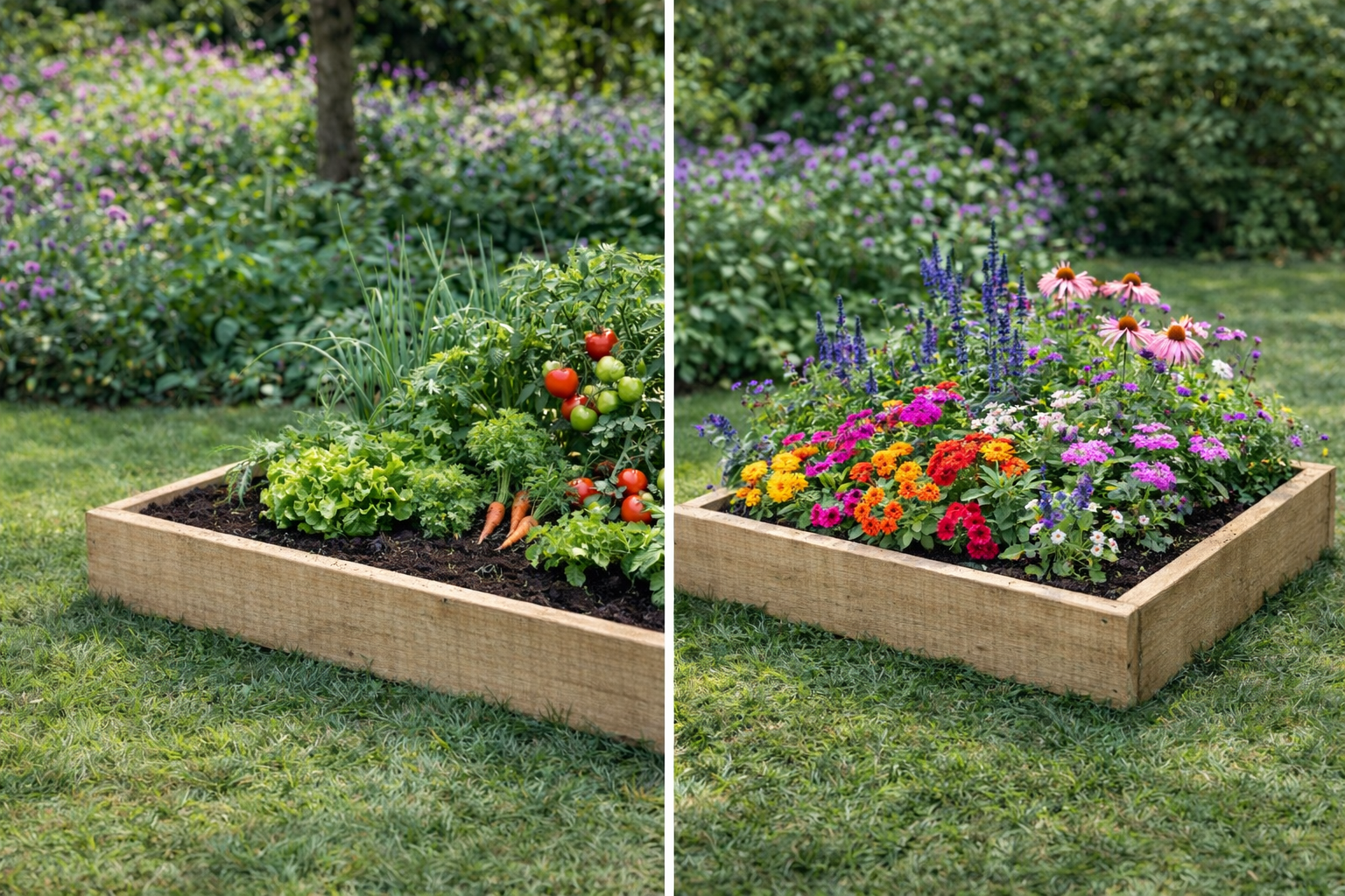 Timber raised bed planted with vegetables beside identical bed filled with flowers