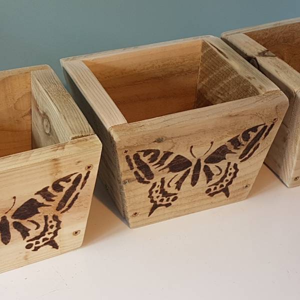 upcycled garden pots set with butterflies