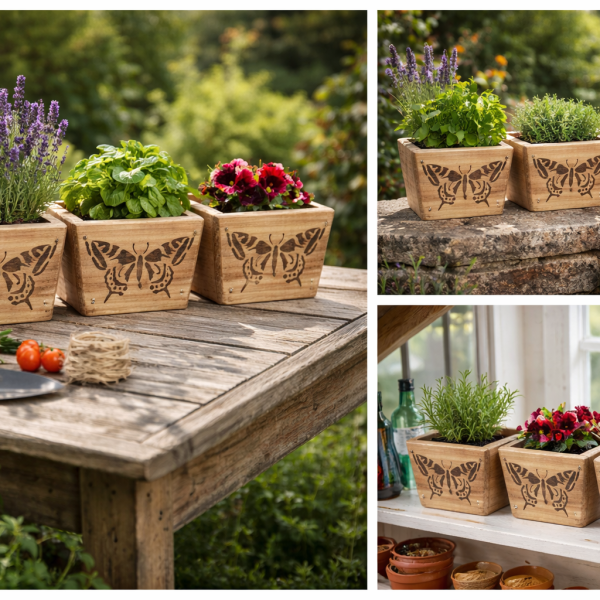 Set of three upcycled wooden garden pots planted with flowers and herbs