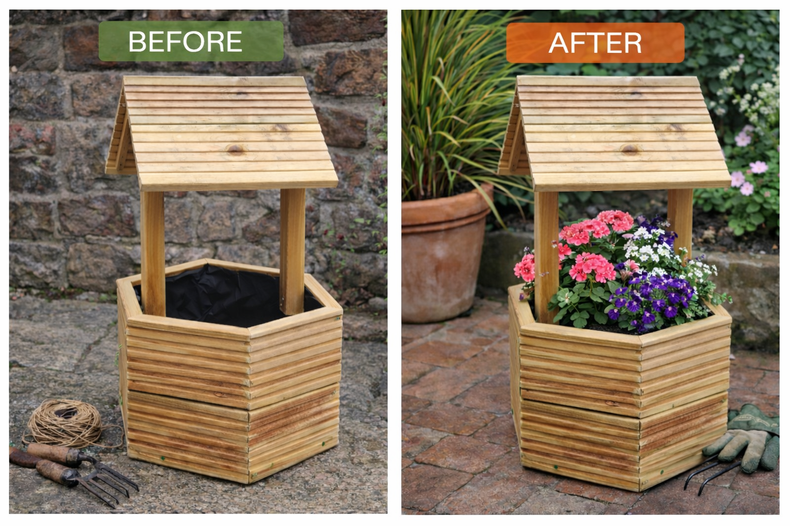 Before and after image of wooden wishing well planter empty and planted