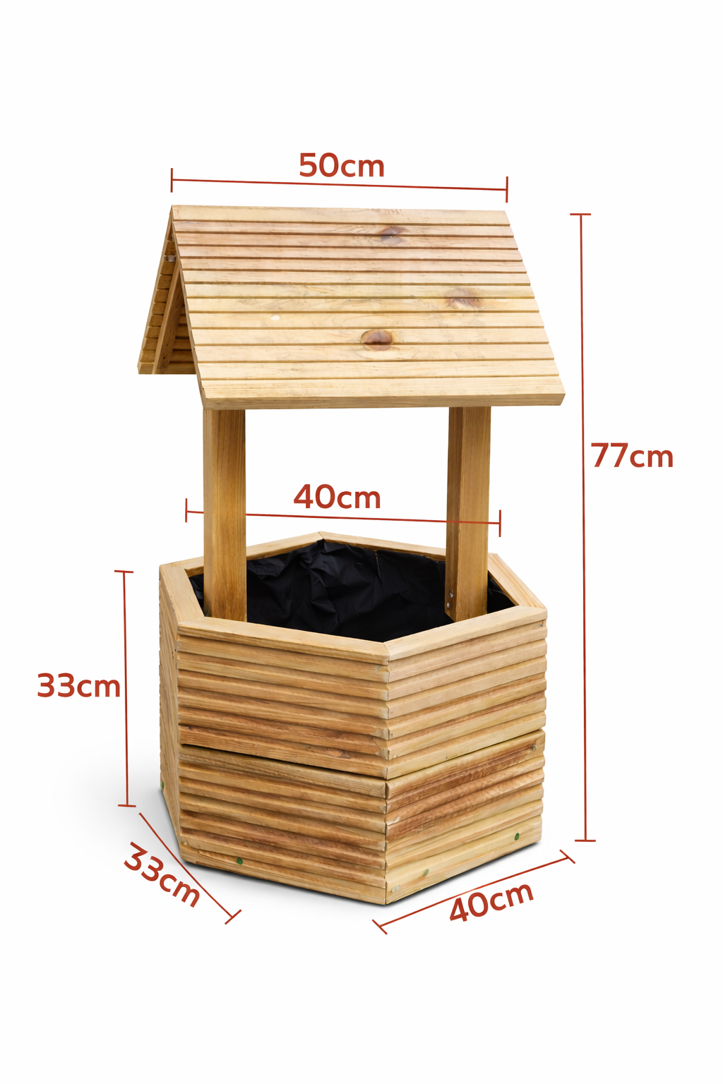 Decking wishing well planter with dimension overlay showing 77cm height and 50cm width