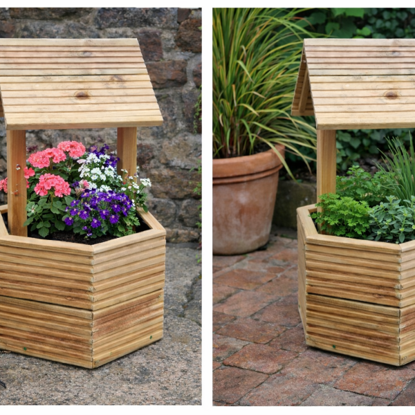 Wooden decking wishing well planter filled with colourful flowers in garden setting