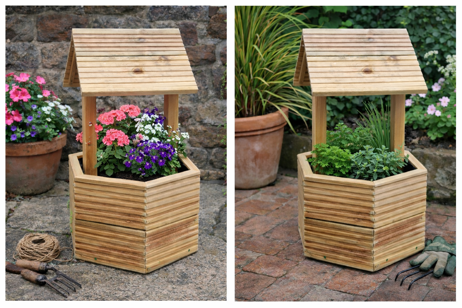 Wooden decking wishing well planter filled with colourful flowers in garden setting