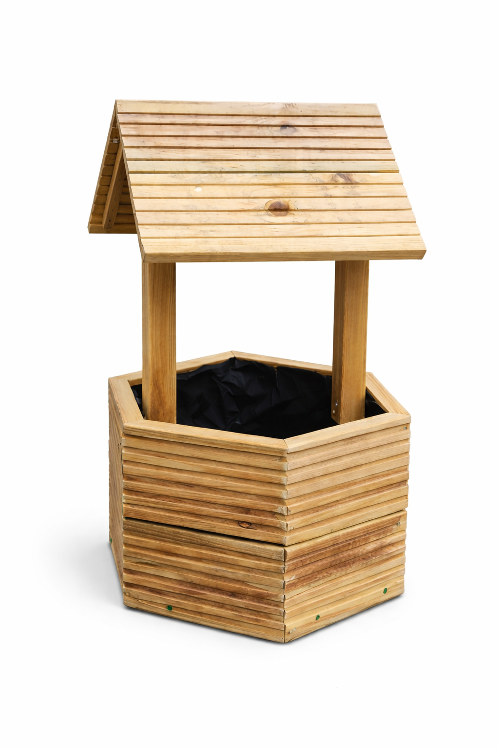 Hexagonal wooden wishing well garden planter on white background